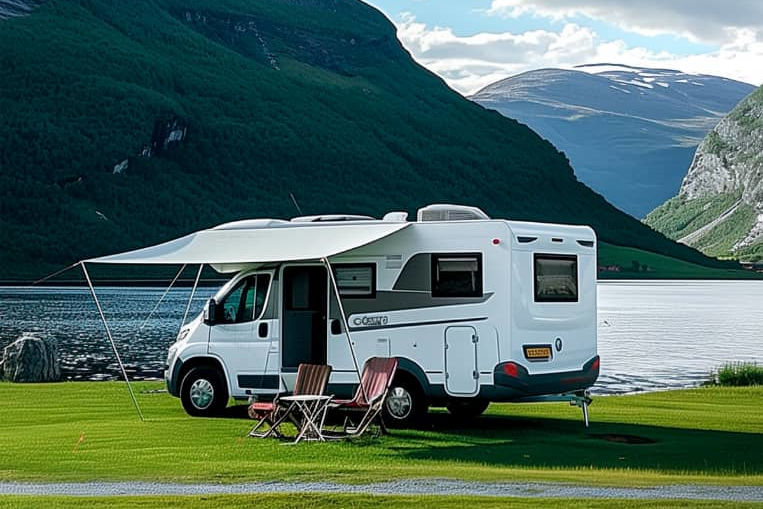 Wohnmobil mit Lithium-Batterien am Seeufer
